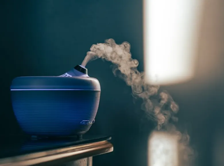 Ceramic aroma diffuser releasing a soft plume of mist