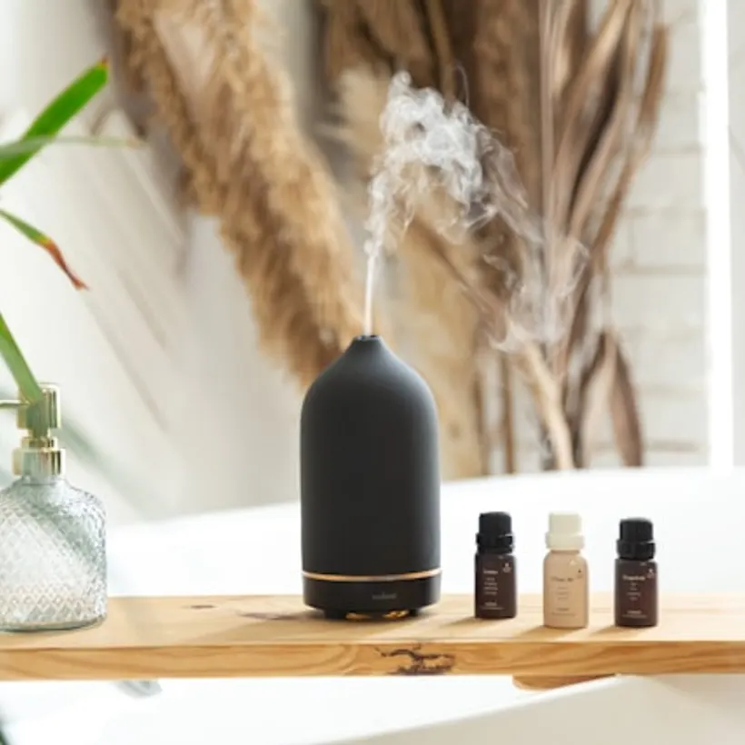 Ceramic aroma diffuser with dried grasses and oil bottles